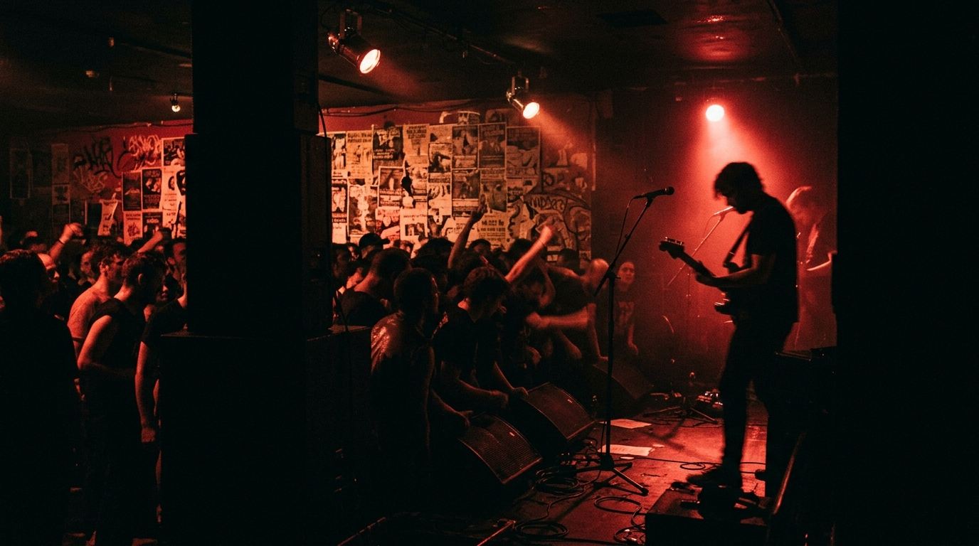 Concierto de metal en un foro pequeño con el público cerca del escenario