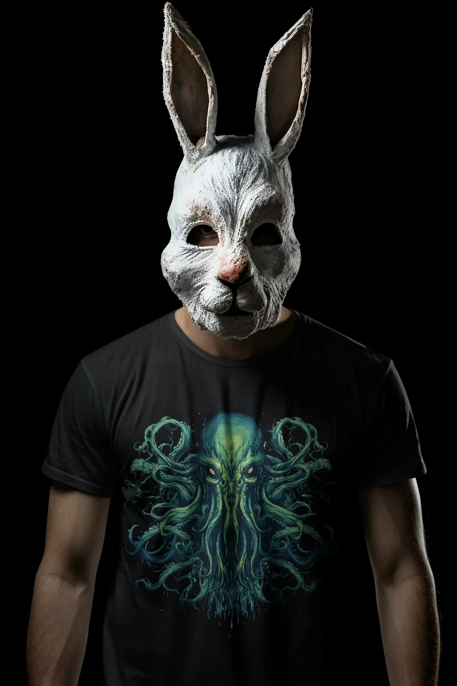 Playera negro La Llamada de Cthulhu puesta, diseño de metal de AzTech
