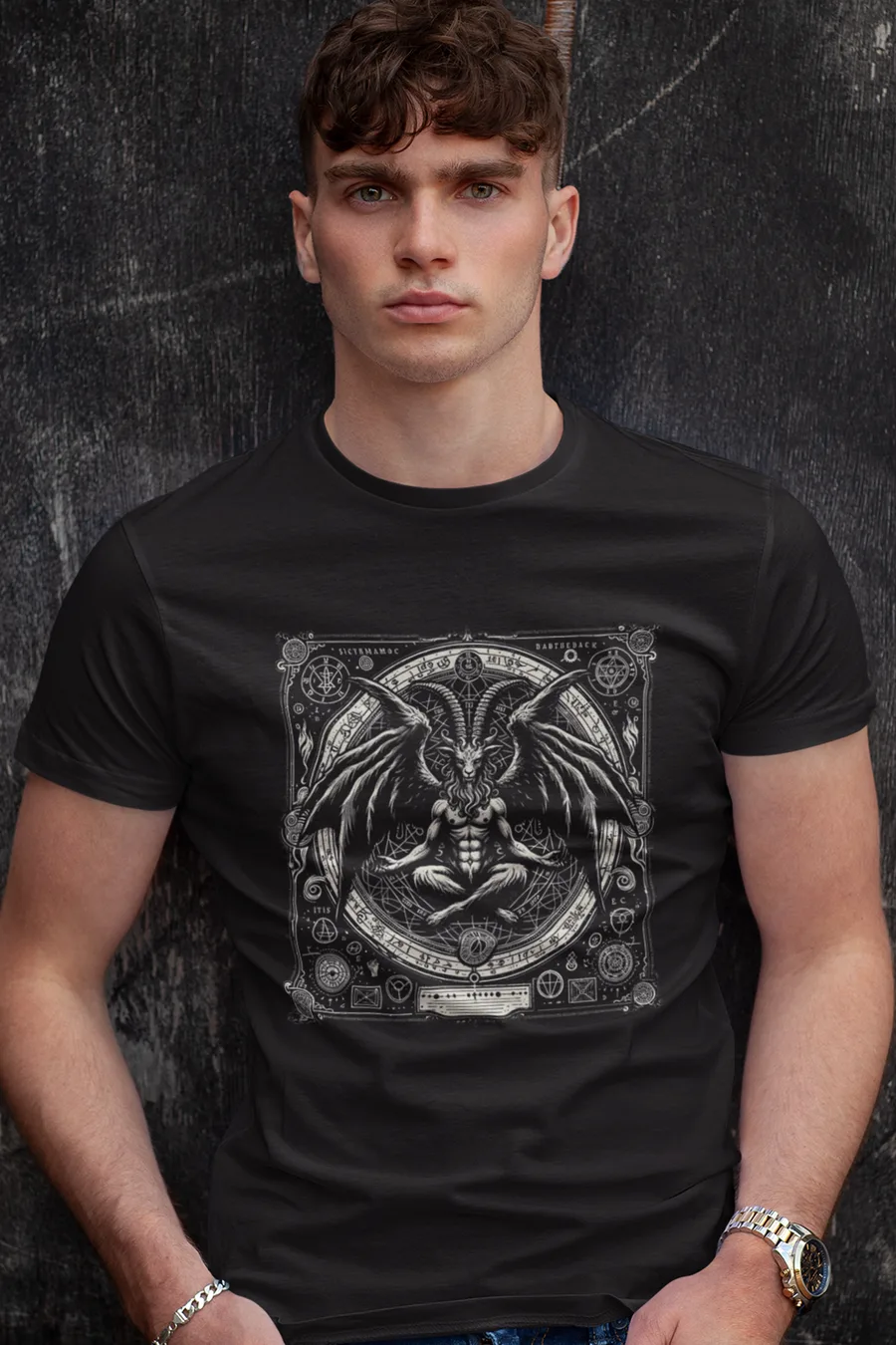 Playera negro Rito Mayor puesta, diseño de metal de AzTech