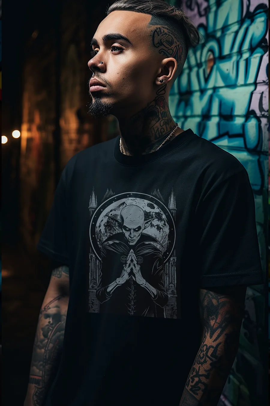 Playera negro Sombras del Nosferatu puesta, diseño de metal de AzTech
