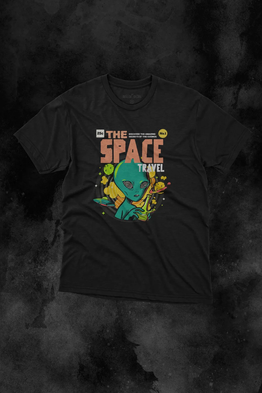 Playera negro Viaje Espacial puesta, diseño de metal de AzTech